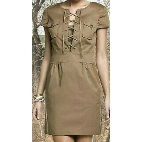 Tory Burch Farla Safari Sand Dollar Lace Up Stretch Twill Shirt Dress Size 0
